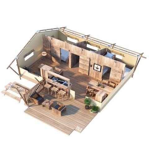 Tent 6 personen - Lodgetent NEANDERTAL 55m² met sanitair voor 6 personen