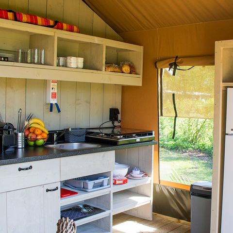Tente en toile et en bois 6 personnes - Tente Lodge Prestige Plus - 2 chambres - 1SDB - 35m²