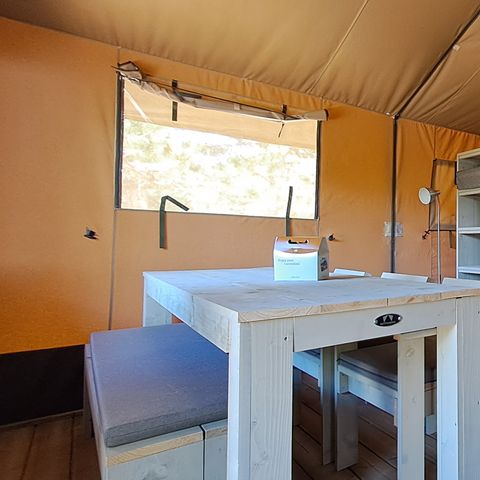 Tente en toile et en bois 6 personnes - Tente Lodge Prestige Plus - 2 chambres - 1SDB - 35m²