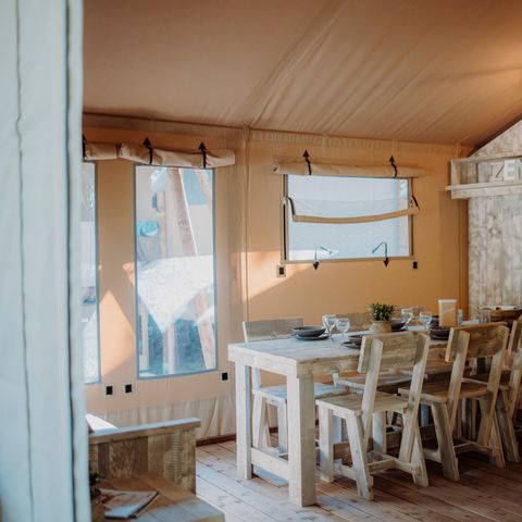 Tente en toile et en bois 5 personnes - Tente Wood Prestige Plus 5pers 2ch 1SDB 38m²