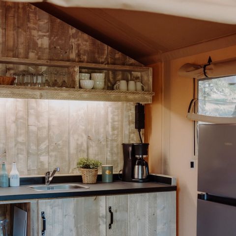 Tente en toile et en bois 5 personnes - Tente Wood Prestige Plus 5pers 2ch 1SDB 38m²