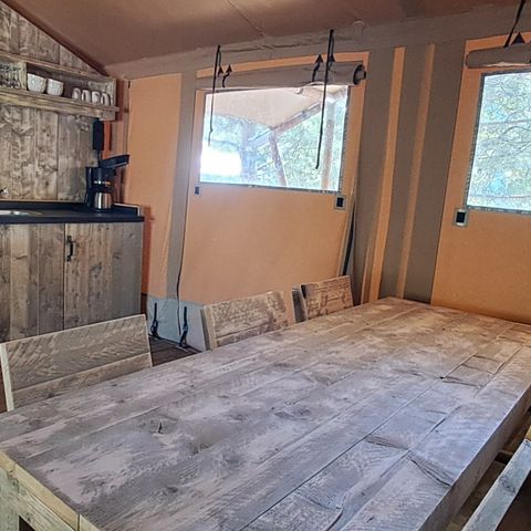 Tente en toile et en bois 6 personnes - Safari Prestige Plus 6pers 3ch 1SDB 49m²