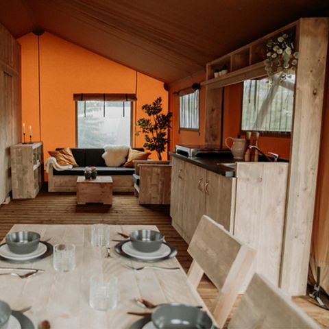 Tente en toile et en bois 6 personnes - Safari Prestige Plus 6pers 3ch 1SDB 49m²