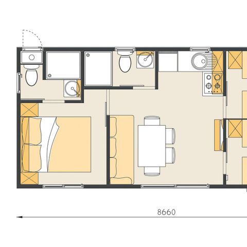 BUNGALOW 6 personnes - Mobil-home | Comfort | 3 Ch. | 6 Pers. | Terrasse surélevée | 2 SDB | Clim. | TV
