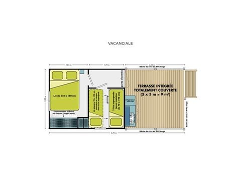 Bungalowtent 5 personen - Cabane Nature 2 slaapkamers-sanitair-zonder-overdekt terras-19m²-zonder TV