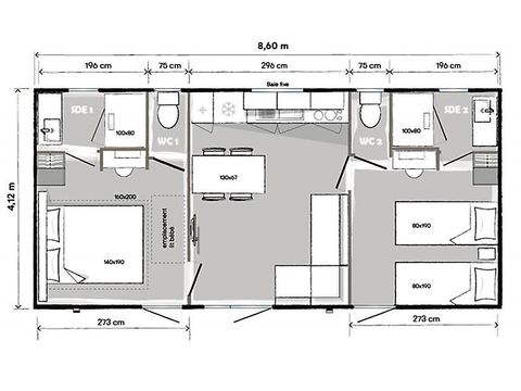Mobile home 5 persons - PREMIUM - 2 bedrooms with air conditioning +TV+ Gas hob + 2 bathrooms