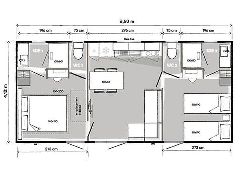 Mobilheim 5 personen - PREMIUM - 2 Schlafzimmer mit Klimaanlage +TV+ Gas Plancha + 2 Bäder
