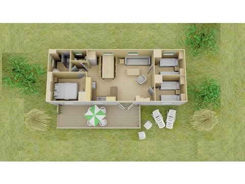 Mobilheim 6 Personen - Comfort | 3 Zi. | 6 Pers. | Erhöhte Terrasse | 1 Bad | Klimaanlage