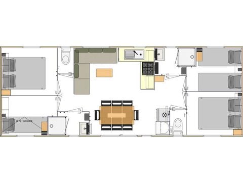 Mobilhome 8 personnes - Comfort | 4 Ch. | 8 Pers. | Terrasse surélevée | Cuisine extérieure | 2 SDB | Clim. | TV