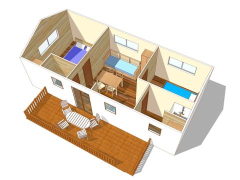 MOBILHEIM 4 Personen - Comfort XL | 2 Schlafz. | 4 Pers. | Überdachte Terrasse | Klimaanlage