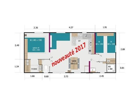 Stacaravan 4 personen - Stacaravan Morgane Premium 33m² (2 kamers) + overdekt terras 4 pers