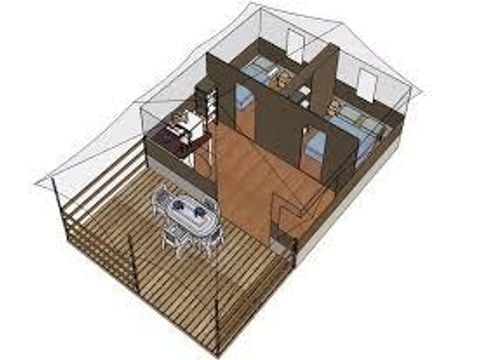 CANVAS AND WOOD TENT 5 people - Freeflower Confort 37m² (2 bedrooms) + covered terrace 13m² - without bathroom - 5 pers