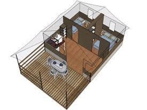 Canvas and wooden tent 5 persons - Freeflower Confort 37m² (2 bedrooms) + covered terrace 13m² - without bathroom - 5 pers