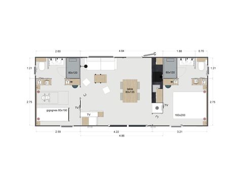 BUNGALOW 4 personnes - Crecy la Chapelle : QUEEN 2 CHAMBRES - 2 SDB - AVEC CLIMATISEUR - DRAPS ET SERVIETTES INCLUS 1/4 pers
