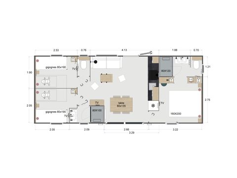 BUNGALOW 6 personnes - Crecy : KING - 3 Chambres - 2 SDB - 1 TV - AVEC CLIMATISEUR - DRAPS ET SERVIETTES INCLUS 1/6 pers