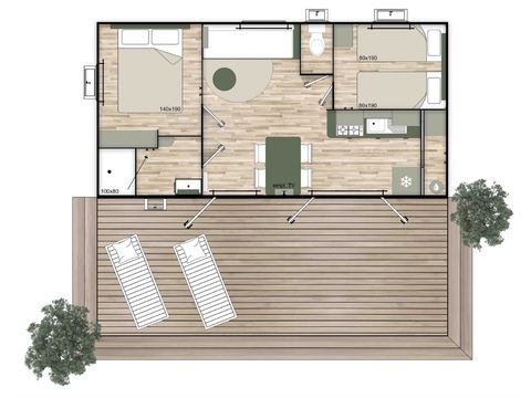 Mobilheim 4 personen - PREMIUM - 2 Schlafzimmer mit Klimaanlage, TV und Geschirrspüler - 31m²