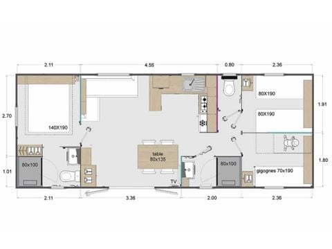 Mobilheim 6 Personen - Cottage des Familles 3 CH - 2 Bäder - 6 PERS 38 m² - TV + KLIMA + LV + DRAPS (inbegriffen bei wöchentlicher Vermietung)