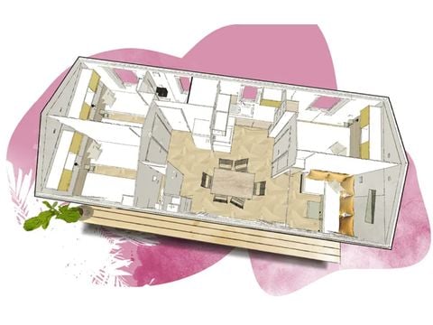 Mobilheim 14 Personen - 5 Zimmer (+ 1 Schlafcouch) - Überdachte Terrasse