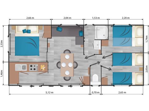 MOBILHEIM 6 Personen - Mobilheim Confort 35m² (3 Zimmer) mit überdachter Terrasse + TV