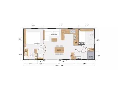 MOBILHOME 6 personas - Premium Dune 3 Habitaciones 4/6 Personas + TV