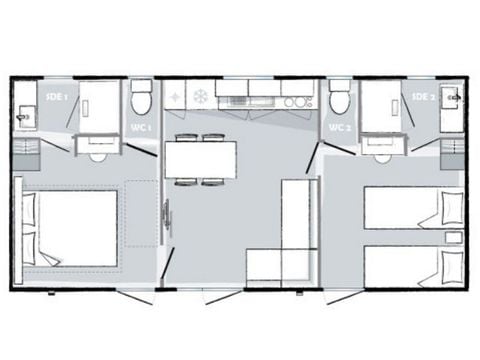 Stacaravan 6 personen - Evasion+ - 6 slaapplaatsen - 2 slaapkamers - 2 badkamers - 33m² leefruimte