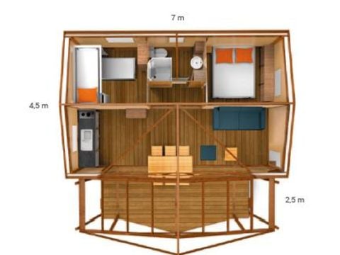 Tente en toile et en bois 5 personnes - Ecolodge Cotton Confort 32 m² - 2 chambres - terrasse couverte de 11m² + TV 5 pers