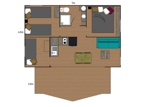 Tente en toile et en bois 6 personnes - Ecolodge Cotton Confort 35m² - 3 chambres - terrasse couverte de 11m² + TV 6 pers
