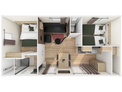 MOBILHEIM 5 Personen - HomeFlower Premium 29m² (2 Schlafzimmer) + Halbüberdachte Terrasse + TV + LV