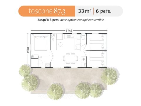 Mobilheim 6 Personen - 3 Zimmer Vorhang 33m²