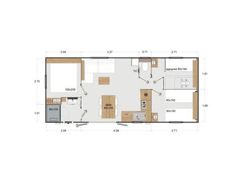 MOBILHOME 6 personas -  Premium 33m² 3 dormitorios + Terraza + TV + LV + Barbacoa + A pie