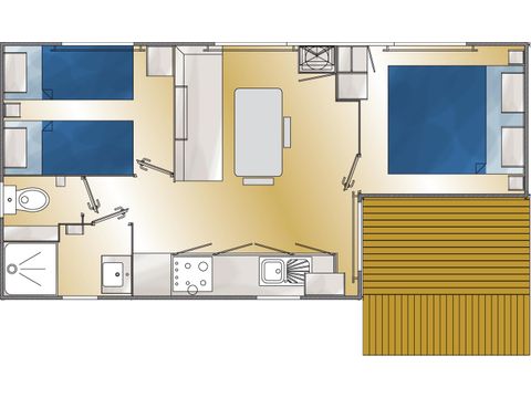 Mobilheim 4 personen - Comfort 25m² (2 Zimmer) + halbüberdachte Terrasse 10m² + TV | 4 Personen