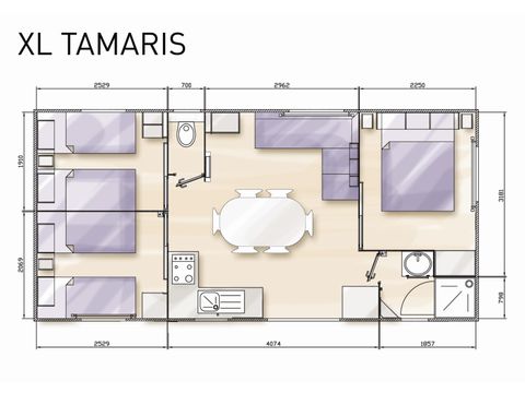 MOBILHEIM 6 Personen - Standard 32m² (3 Zimmer) + nicht überdachte Terrasse 10m² + TV