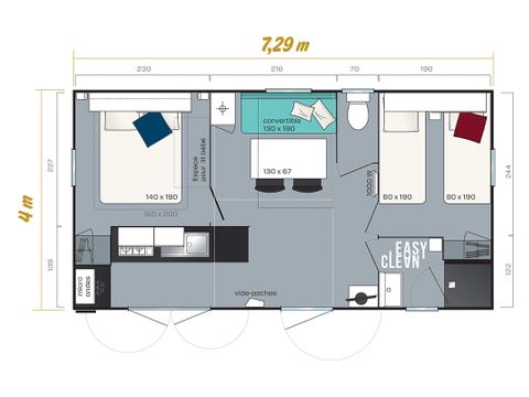 MOBILHOME 4 personnes - Homeflower premium 29m² (2 chambres) + CLIM + terrasse semi-couverte + TV + draps + serviettes | 4 personnes