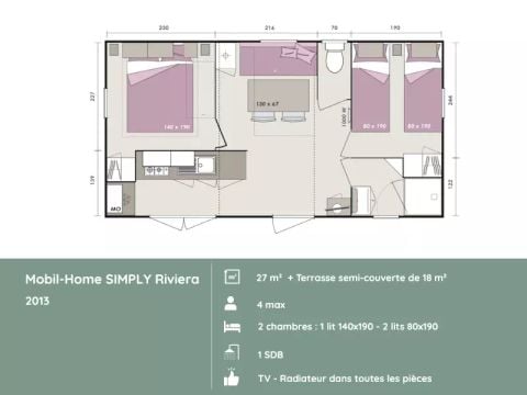 Stacaravan 4 personen - SIMPLY - RIVIERA – - 2 slaapkamers