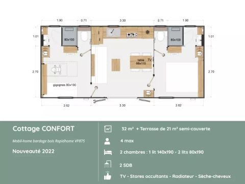Stacaravan 4 personen - Cottage - COMFORT – - 2 slaapkamers - 2 badkamers