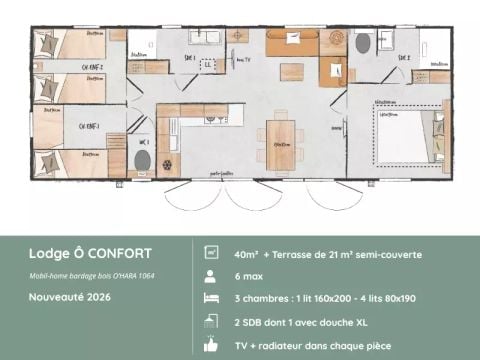 Stacaravan 6 personen - Lodge Ô - CONFORT – - 3 slaapkamers - 2 badkamers