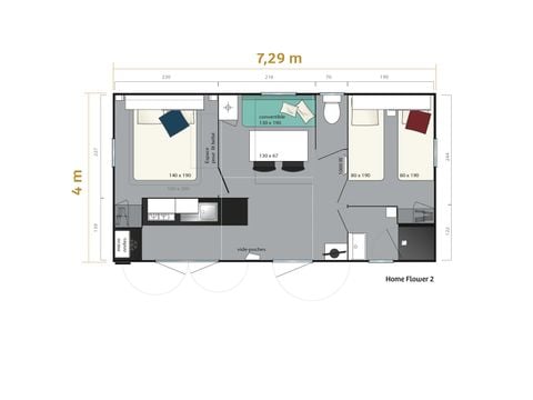 Mobilheim 4 Personen - Homeflower Premium 29m² (2 Schlafzimmer) + KLIMA + halbüberdachte Terrasse + TV + Bettwäsche + Handtücher 4 Pers.