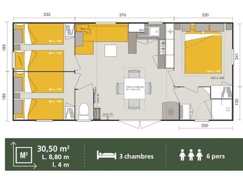 BUNGALOW 6 personnes - Homeflower Premium 35m² (3 chambres) + CLIM + terrasse semi-couverte + TV + draps + serviettes 6 pers.