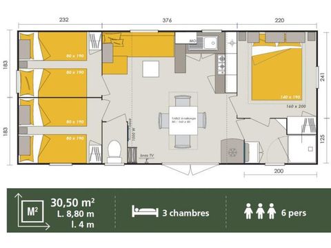 Stacaravan 6 personen - Homeflower Premium 35m² (3 kamers) + CLIM + halfoverdekt terras + TV + Bedlinnenpakket + handdoeken 6 pers.