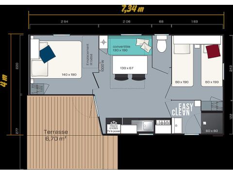 MOBILHEIM 6 Personen - Confort 22m² 2 Zimmer + halboffene Terrasse auf Stelzen