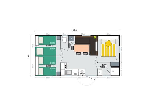 MOBILHEIM 6 Personen - Confort 27m² 3 Zimmer + Terrasse auf Stelzen