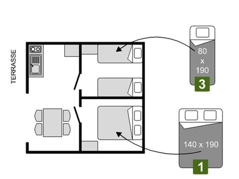 Tente en toile et en bois 5 personnes - Sahari Lodge 2chambres - sans sanitaires - 19m² 2/5 pers