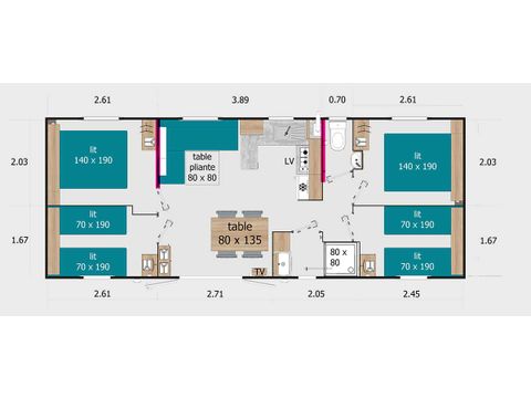Mobilheim 8 Personen - CALIFORNIA QUATRO 4 Schlafzimmer - TV 1/8 pers.