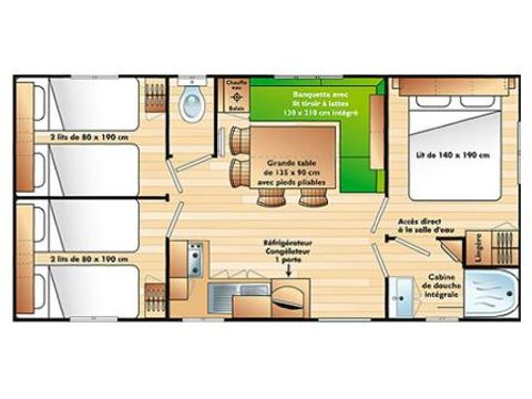 Mobilheim 6 Personen - Family Confort 32m² (3 Zimmer) + Überdachte Terrasse + Klimaanlage