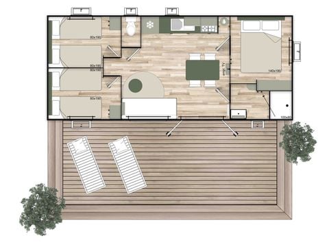 BUNGALOW 7 personnes - 35m² Premium (3 chambres) + Terrasse + LV + TV + Clim