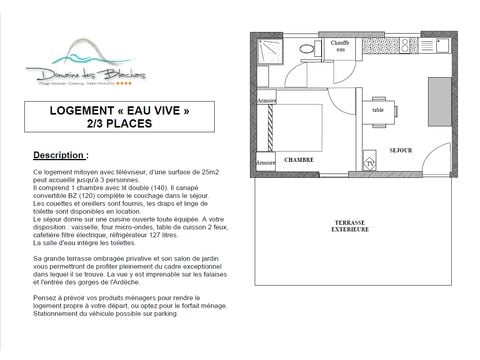 MAISON 3 personnes - EAU VIVE TERRASSE COUVERTE TV