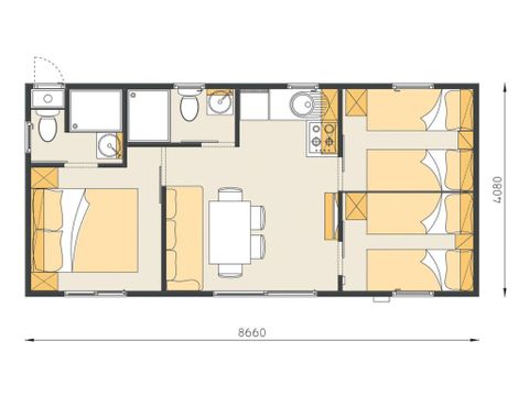 MOBILHOME 6 personnes - Mobil-home | Comfort XL | 3 Ch. | 6 Pers. | Terrasse surélevée | 2 SDB | Clim. | TV