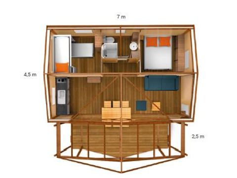 CANVAS AND WOOD TENT 5 people - Ecolodge Cotton Toilée CONFORT 32m² (2 bedrooms) + covered terrace 11m² + TV