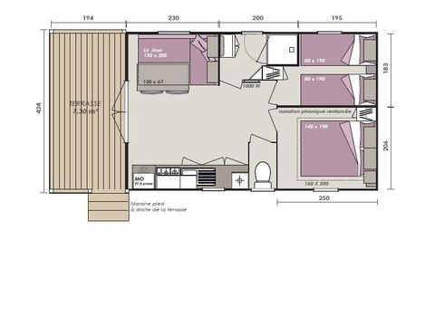 Stacaravan 4 personen - Stacaravan ROMARIN Confort 32m² (2 kamers)+ - overdekt terras 8 m² - TV + Airconditioning 1/5 pers