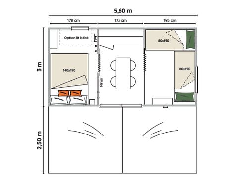 Safaritent 4 personen - Ecrin Cocoon Insolite 16m² (zonder sanitair) 2 slaapkamers + Overdekt terras 14 m² + TV + Keukenhoek 4 personen